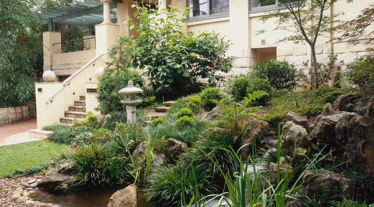 Exterior view of the house, many plants. - backyard, cottage, courtyard, estate, garden, home, house, landscape, landscaping, outdoor structure, plant, property, real estate, tree, walkway, yard, green