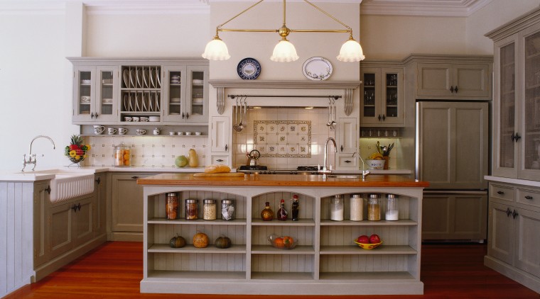 view of this custom designed one off kitchen cabinetry, countertop, cuisine classique, floor, flooring, furniture, hardwood, home, interior design, kitchen, room, wood flooring, gray, brown