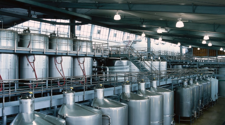 View of the room where the wine is factory, industry, metal, steel, black, gray