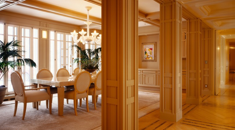 View of the hallway and dining area, tiled ceiling, column, dining room, door, estate, floor, flooring, hardwood, home, interior design, living room, lobby, real estate, room, window, wood, wood flooring, brown