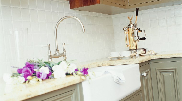 view of the kitchens washing up area and cabinetry, countertop, cuisine classique, furniture, home, interior design, kitchen, room, sink, wall, white, brown