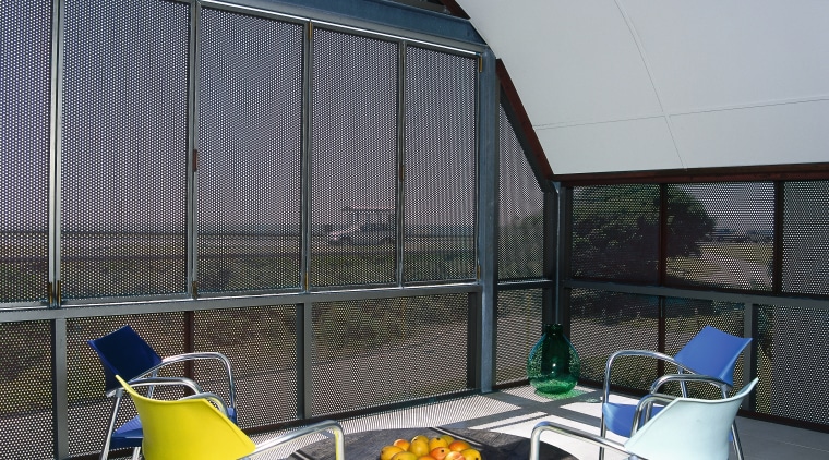 view of the sec with the copper screens architecture, chair, daylighting, house, interior design, real estate, shade, window, window covering, gray, black