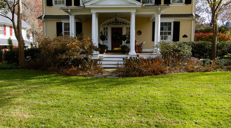 Exterior view of the entrance to the house, architecture, backyard, building, cottage, estate, facade, farmhouse, grass, historic house, home, house, lawn, mansion, neighbourhood, outdoor structure, plant, plantation, property, real estate, residential area, siding, suburb, tree, yard, brown