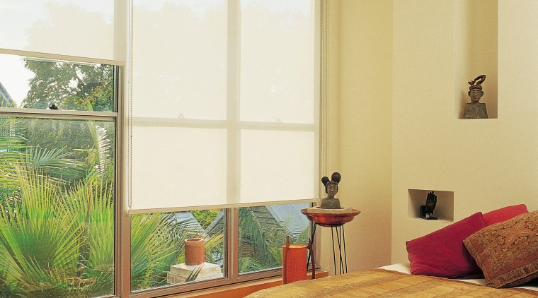 Bedroom with light coloured sunscreen roller blinds at architecture, bed frame, bedroom, ceiling, curtain, daylighting, door, estate, floor, flooring, hardwood, home, house, interior design, laminate flooring, real estate, room, shade, wall, window, window blind, window covering, window treatment, wood, wood flooring, white, orange