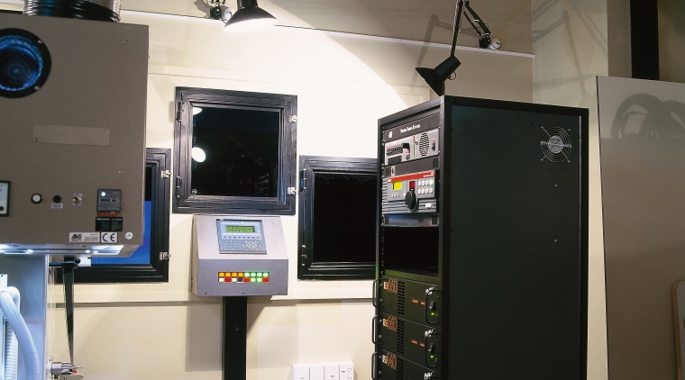 Control room with projector and sound equipment for electronic device, electronics, home appliance, technology, black