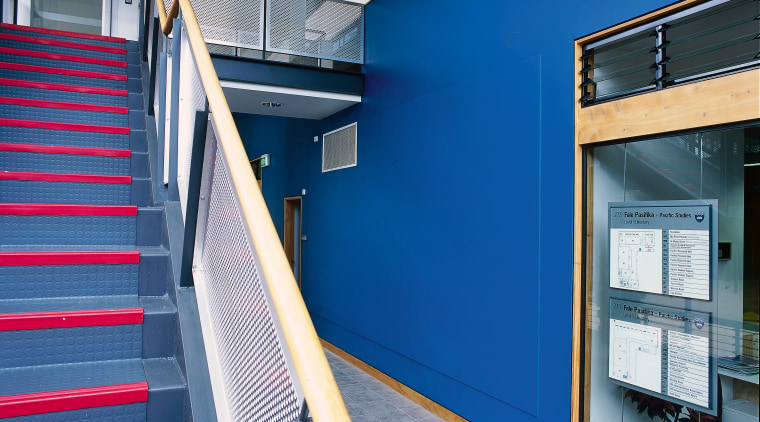 Lobby and stairway area with bright blue colour architecture, stairs, structure, blue