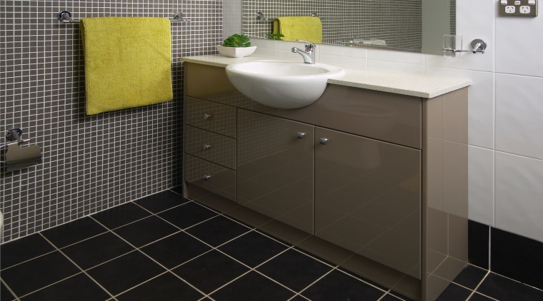 view of the quantum quartz benchtop - view bathroom, bathroom accessory, bathroom cabinet, countertop, floor, flooring, interior design, plumbing fixture, product design, room, sink, tile, wall, black, gray