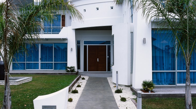 View of a concrete pathway to a wooden architecture, building, estate, facade, home, house, property, real estate, residential area, villa, white