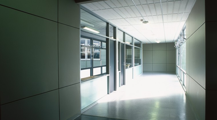 View of corridor outside classroom with ceiling and architecture, ceiling, daylighting, glass, house, interior design, line, window, black, gray