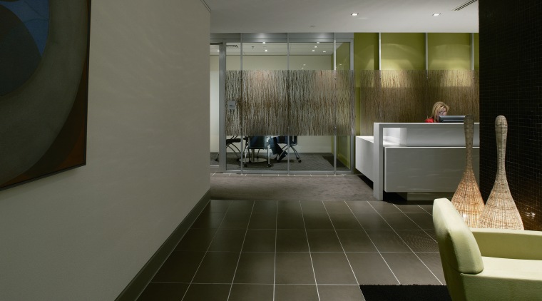 View of a reception area, black tiled floor, architecture, bathroom, floor, flooring, interior design, room, tile, gray, black