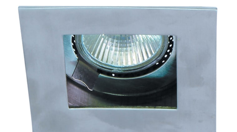 Closeup of outdoor stainless steel halogen lamp. - light, product, product design, gray, white