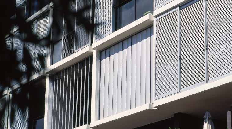 view oof the luxalon sun louvres - view architecture, balcony, baluster, building, daylighting, daytime, facade, glass, handrail, house, line, siding, structure, window, black, white