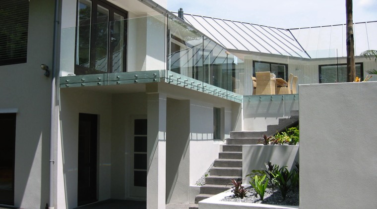view of the glazed balutrades on the  architecture, building, elevation, facade, handrail, home, house, property, real estate, residential area, window, gray, black