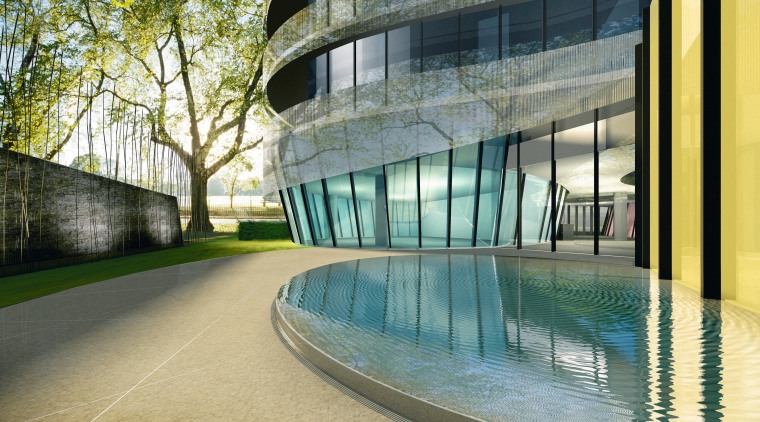 Exterior view of residential tower with curved glass apartment, architecture, building, condominium, corporate headquarters, daytime, facade, headquarters, leisure centre, mixed use, property, real estate, reflection, urban design, water, window, gray