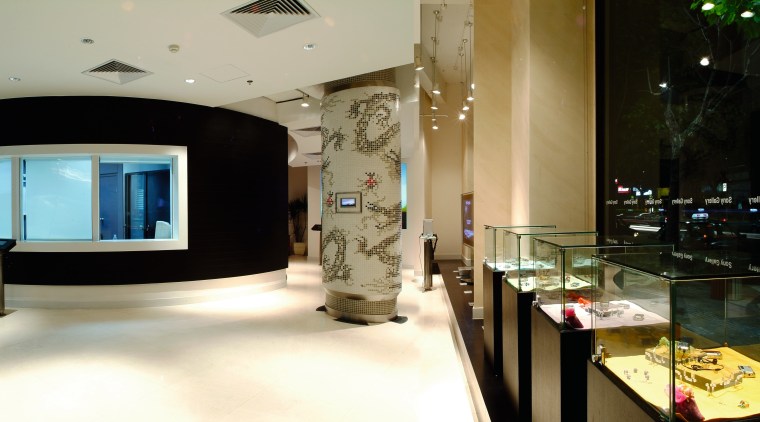 A view of the Sony gallery, polished concrete exhibition, interior design, black