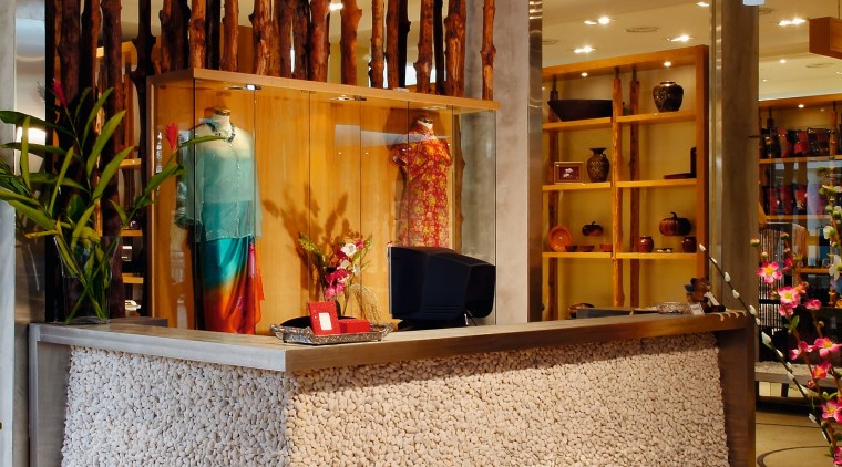 View of the stainless steel and pebbled reception boutique, furniture, interior design, lobby, brown, orange