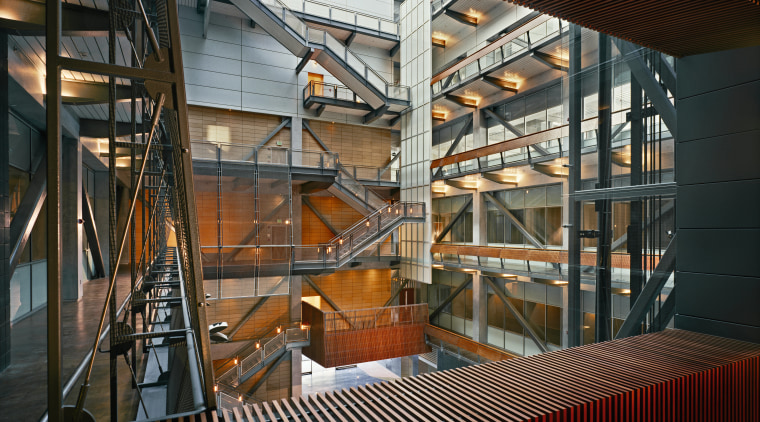 View of the stairwells in the building, many architecture, building, structure, tourist attraction, black