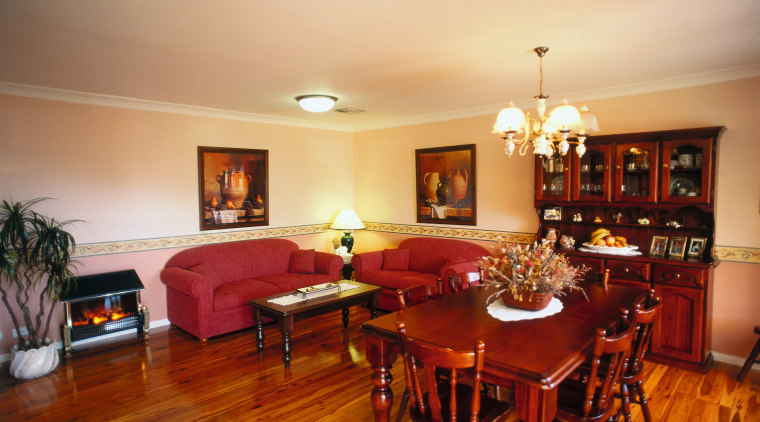 Lounge and dining room area with timber floor, ceiling, dining room, flooring, home, interior design, living room, property, real estate, room, table, orange, brown
