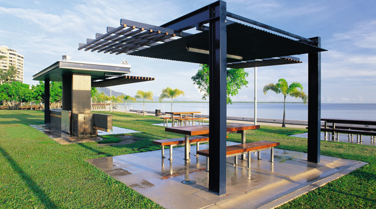 View of the BBQ and picnic areas, lawn, outdoor structure, pavilion, pergola, real estate