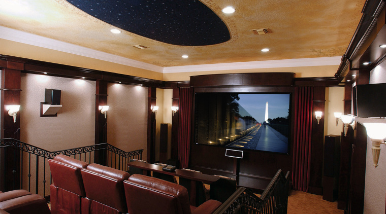 View of a family home theatre, red leather ceiling, entertainment, interior design, room, black