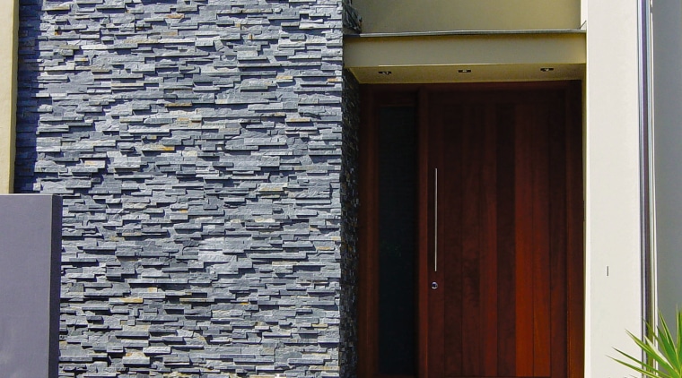 view of the homestone  modulised natural stone architecture, brick, brickwork, door, facade, house, siding, wall, window, gray