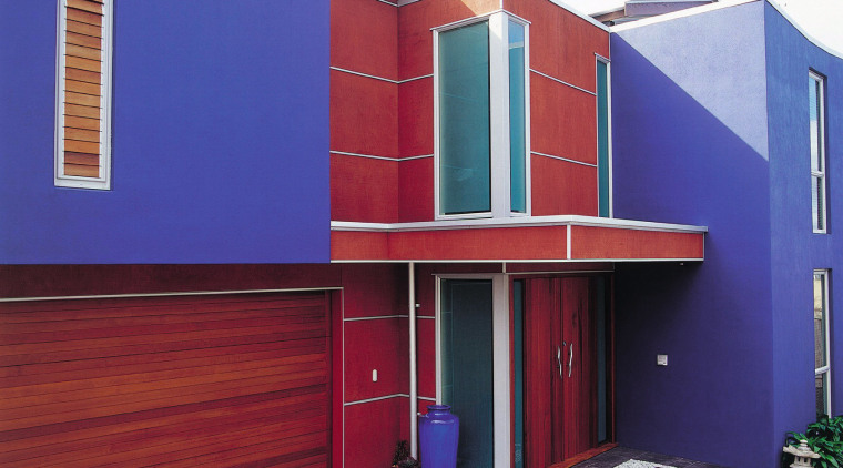 view of this colourful home using textured shadowclad architecture, building, commercial building, door, elevation, facade, home, house, property, real estate, residential area, siding, blue