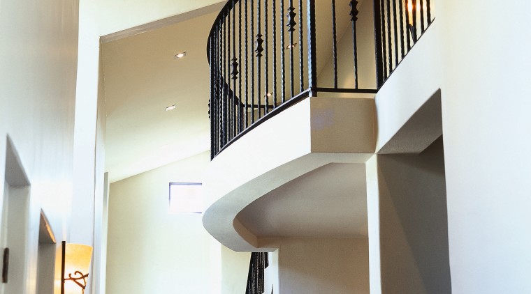 view of the hallway painted in resene tea architecture, baluster, ceiling, daylighting, estate, glass, handrail, home, house, interior design, real estate, stairs, white