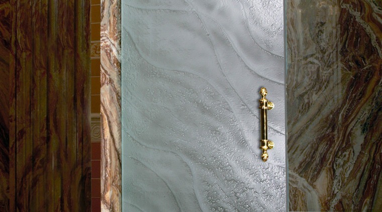 View of a large glass shower panel, marble door, wall, window, wood, gray, brown