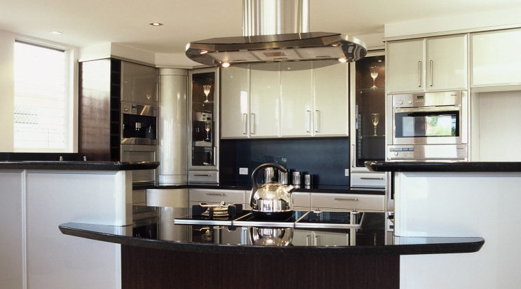 A view of a kitchen, cream tiled floor, cabinetry, countertop, cuisine classique, interior design, kitchen, room, gray, white