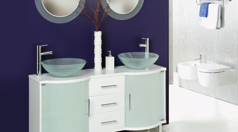 view of the double basin bolce vanity with bathroom, bathroom accessory, bathroom cabinet, bathroom sink, furniture, plumbing fixture, product, product design, purple, sink, tap, white, purple