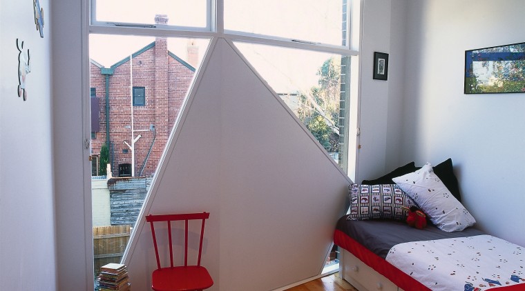 view of this bedroom showing polished timber flooring architecture, bedroom, ceiling, daylighting, floor, flooring, hardwood, home, house, interior design, laminate flooring, living room, loft, property, real estate, room, wall, window, wood, wood flooring, gray