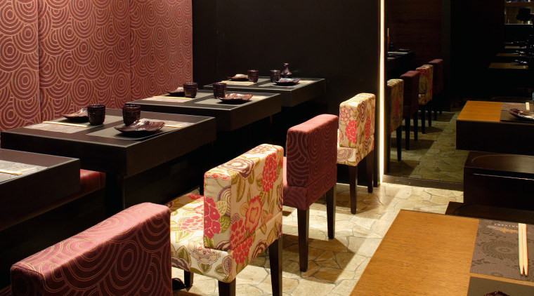 individual tables are provided in addition to bench flooring, interior design, restaurant, table, black