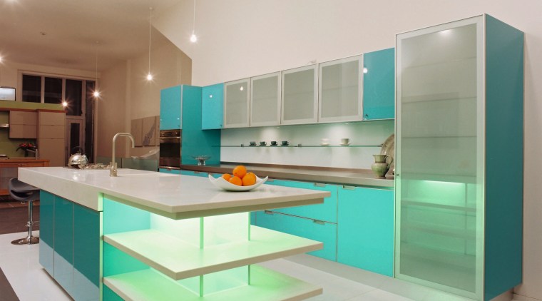 A view of a kitchen area, white tiled countertop, interior design, kitchen, gray