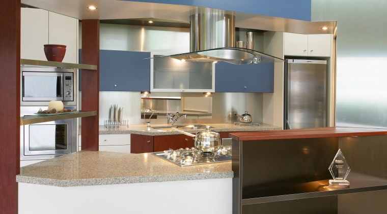 Kitchen with marble benchtops, white and brown cabinetry cabinetry, countertop, cuisine classique, interior design, kitchen, white, brown