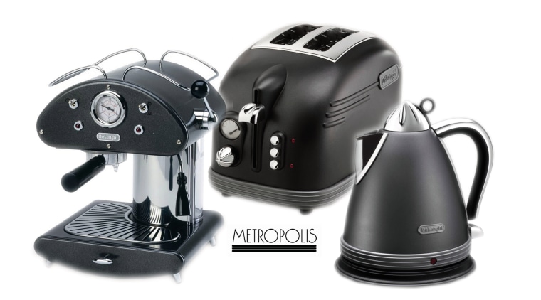 A view of some black appliances. - A coffeemaker, espresso machine, home appliance, kettle, product, product design, small appliance, white