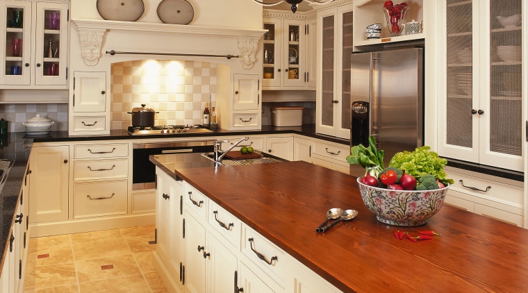 Traditional style kitchen with cream cabinetry, timber benchtop cabinetry, ceiling, countertop, cuisine classique, floor, flooring, hardwood, home, interior design, kitchen, room, wood flooring, orange