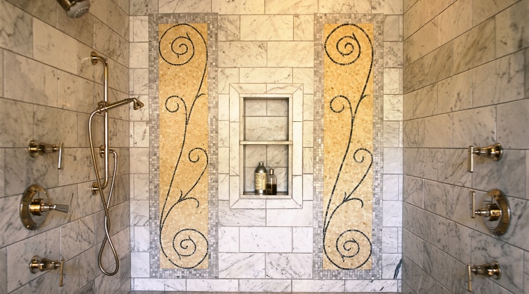 view of the shower area showing ceramic tile architecture, wall, window, brown, orange