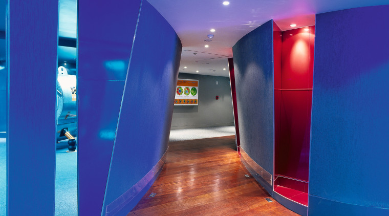 View of walkway with polished timber flooring, shiny architecture, blue, ceiling, interior design, light, lighting, purple, blue