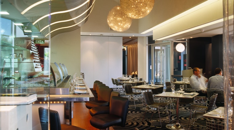 Restaurant area with table and chairs, bar area, ceiling, dining room, interior design, lobby, brown, gray