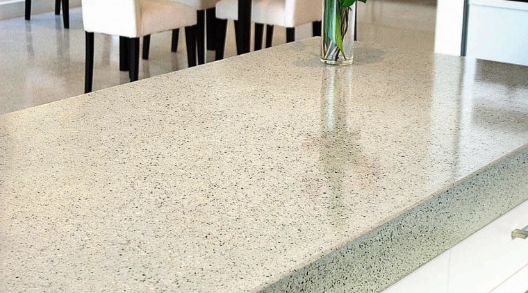 view of the boral polished concrete benchtop in countertop, floor, flooring, hardwood, home, interior design, kitchen, table, tile, white