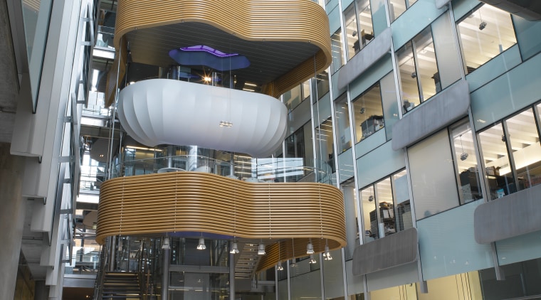 Interior view of large atrium area with stairway, architecture, building, commercial building, condominium, corporate headquarters, daylighting, facade, metropolitan area, mixed use, gray
