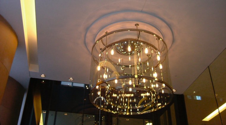 Custom made entrance light at the Hilton Sydney. architecture, ceiling, chandelier, light, light fixture, lighting, night, brown, gray