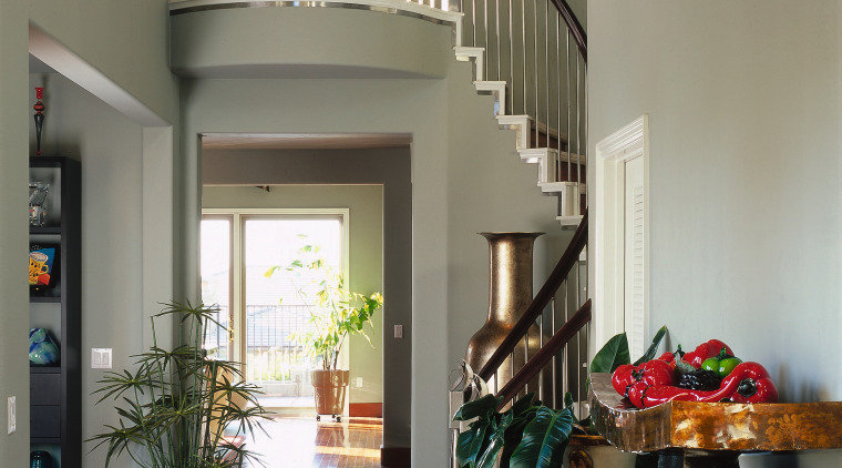 view of the entrance are featuring timberflooring and architecture, ceiling, dining room, home, house, interior design, living room, lobby, room, stairs, table, gray, black