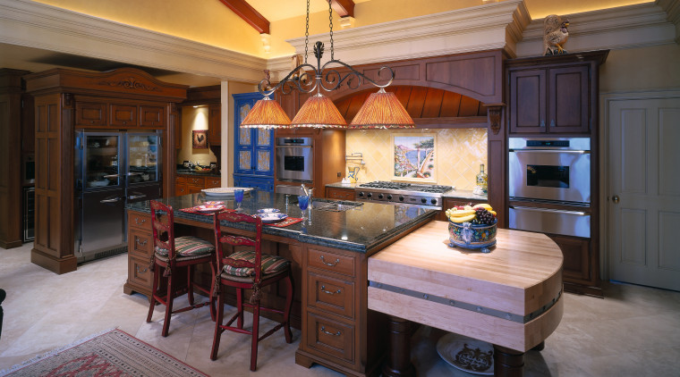 A view of a kitchen, concrete tiled floor, countertop, cuisine classique, flooring, interior design, kitchen, real estate, room, brown, gray