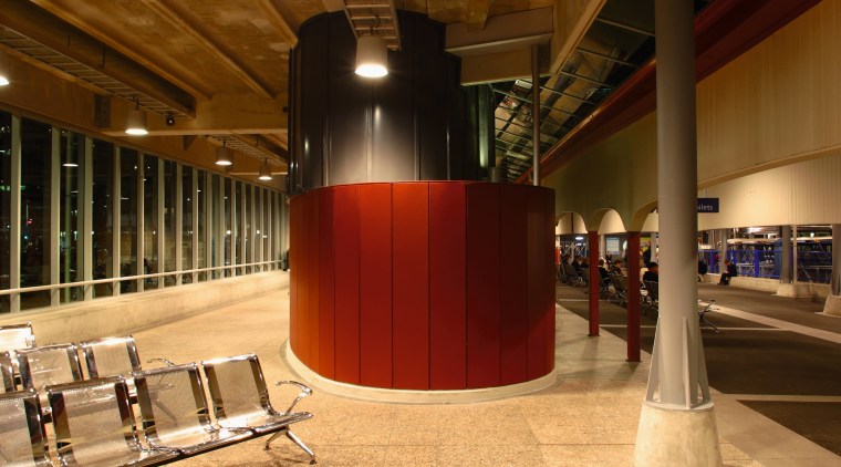 Interior and seating within the Auckland city Ferry interior design, lobby, brown, orange