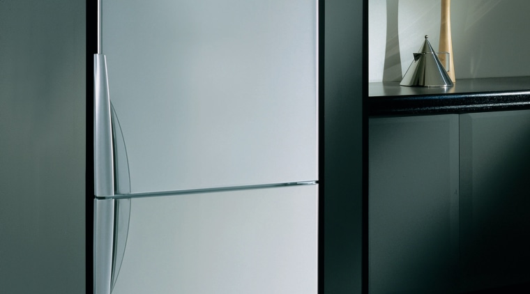 Refrigerator set into kitchen cabinetry. - Refrigerator set door, glass, product design, gray