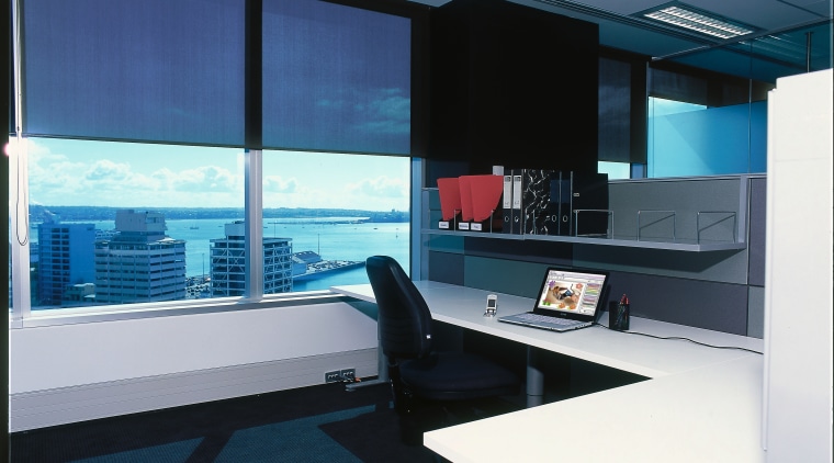 A view of the office area with many architecture, glass, interior design, office, product design, black