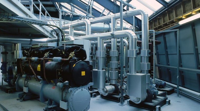 View of the plant room  at the engineering, factory, industry, machine, manufacturing, black, teal, gray