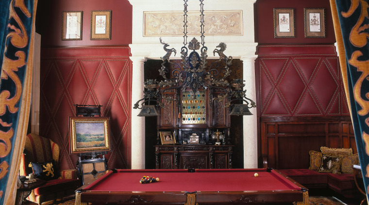 view of the large pool room that was billiard room, billiard table, chapel, english billiards, estate, furniture, home, interior design, living room, pool, recreation room, room, table, wall, black