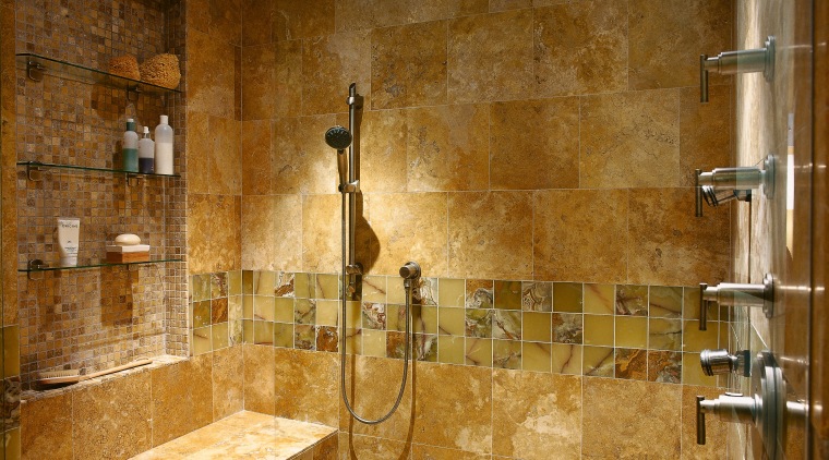 A view of the shower, brown tiled walls bathroom, floor, flooring, property, room, tile, wall, brown